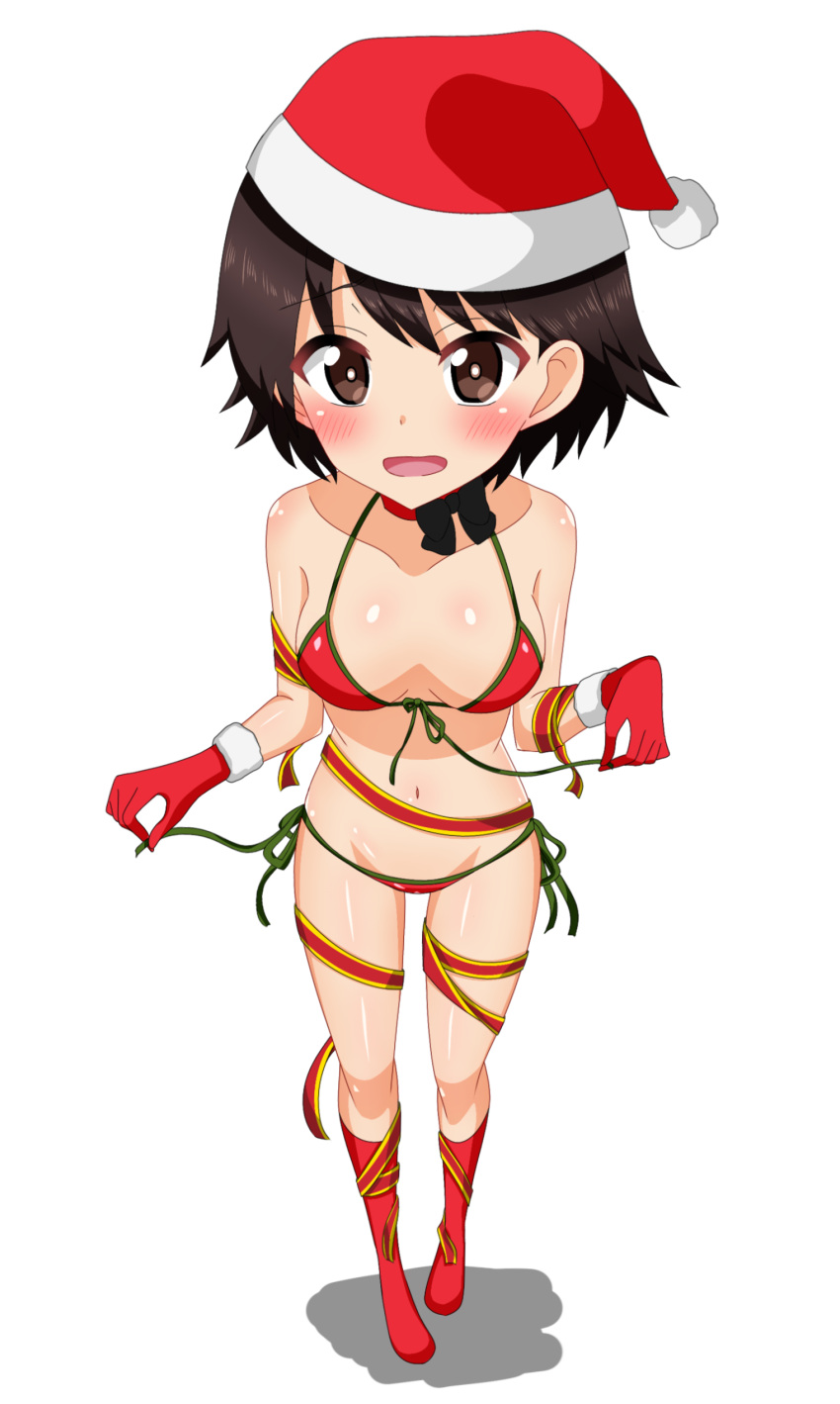 1girl absurdres bikini blush boots choker commentary front-tie_bikini front-tie_top full_body girls_und_panzer gloves hat highres isobe_noriko looking_at_viewer medium_hair navel open_mouth perspective red_bikini red_choker red_footwear red_gloves red_headwear red_ribbon ribbon santa_bikini santa_boots santa_gloves santa_hat side-tie_bikini simple_background solo standing swimsuit tanutika untying white_background