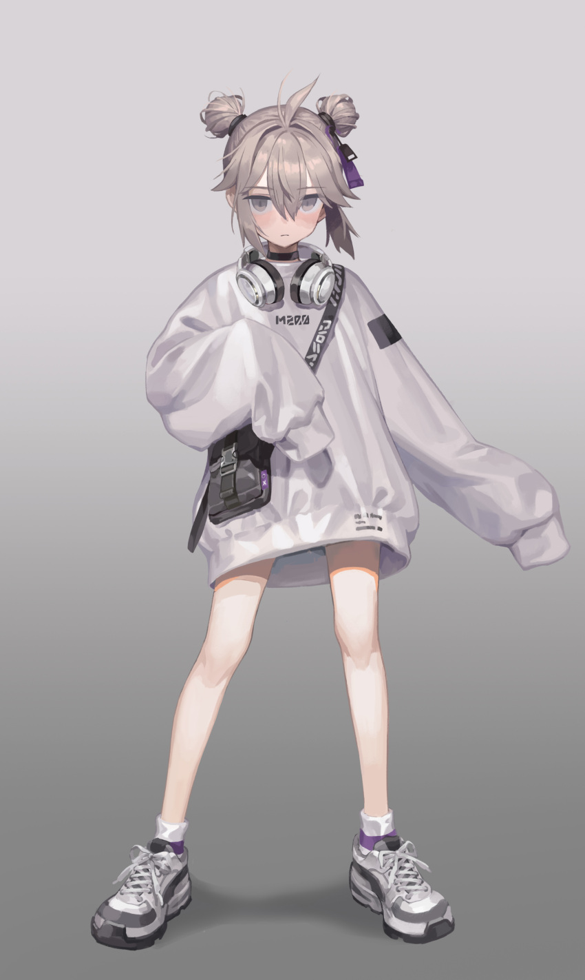 1girl absurdres alternate_costume alternate_hairstyle antenna_hair bag bangs black_choker choker closed_mouth double_bun eyebrows_visible_through_hair full_body girls_frontline grey_background grey_eyes grey_hair hair_between_eyes hair_tie headphones headphones_around_neck highres long_sleeves m200_(girls_frontline) m2_(guvn5745) shadow shoes shoulder_bag simple_background sleeves_past_fingers sleeves_past_wrists sneakers socks solo standing sweater white_sweater