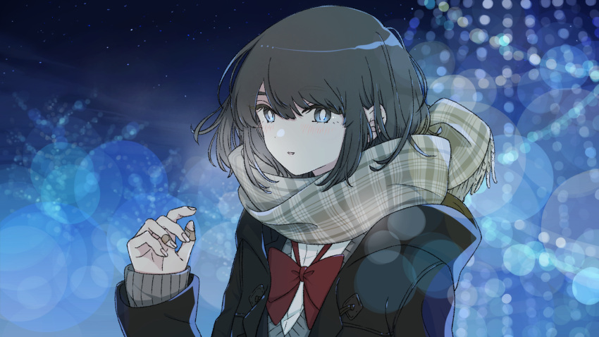 1girl bandaid bandaid_on_hand bangs blue_eyes blue_menouu bow bright_pupils brown_hair commentary_request copyright_request hand_up highres jacket long_hair long_sleeves looking_at_viewer night night_sky outdoors red_bow red_neckwear scarf sky solo star_(sky) starry_sky upper_body white_pupils winter_clothes