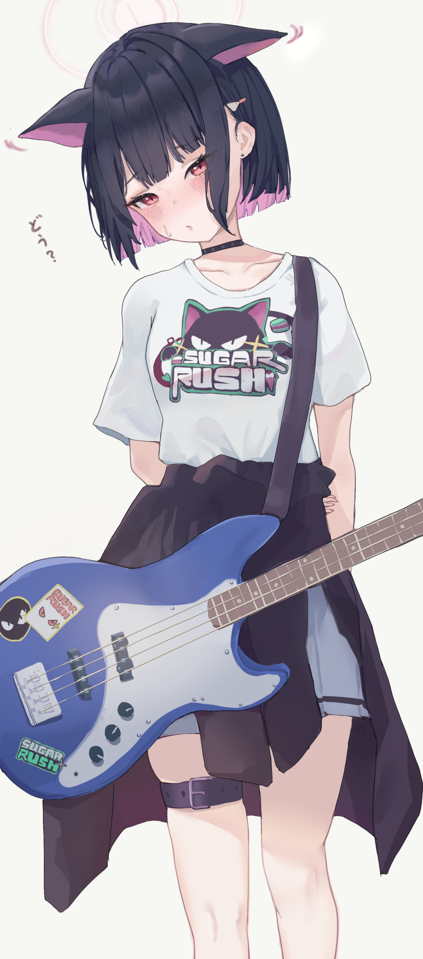 1girl absurdres animal_ears black_choker black_hair black_jacket blue_archive blush cat_ears choker clothes_around_waist collarbone colored_inner_hair electric_guitar feet_out_of_frame grey_skirt guitar highres instrument jacket jacket_around_waist kazusa_(blue_archive) multicolored_hair nekoplanetouo official_alternate_costume parted_lips pink_hair red_eyes shirt short_hair short_sleeves simple_background skirt solo white_background white_shirt