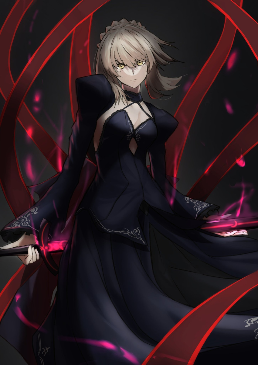 1girl artoria_pendragon_(all) black_dress blonde_hair braid breasts center_opening closed_mouth dress excalibur_morgan fate/stay_night fate_(series) french_braid highres holding holding_sword holding_weapon juliet_sleeves ki_(kai_oekakikun) long_sleeves looking_at_viewer medium_breasts medium_hair puffy_sleeves saber_alter shrug_(clothing) solo sword weapon yellow_eyes