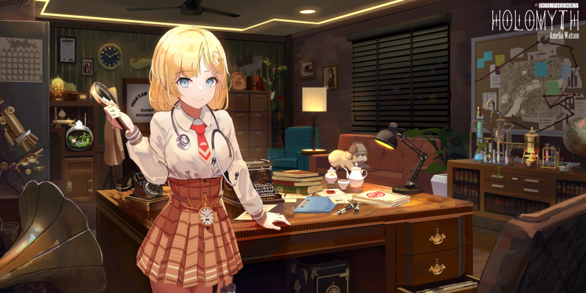 1girl blinds blonde_hair blue_eyes bubba_(watson_amelia) bulletin_board calendar_(object) chair character_name chemistry_set commentary_request couch cup drawer dress_shirt english_text eyebrows_visible_through_hair file file_cabinet globe hair_ornament highres holding_magnifying_glass hololive hololive_english indoors long_sleeves looking_at_viewer magnifying_glass monocle_hair_ornament necktie office phone phonograph photo_(object) picture_frame plaid plaid_skirt pocket_watch red_neckwear revision rotary_phone safe_(container) san_ke_yue_shi shirt short_hair skirt smile solo stethoscope teacup teapot telescope typewriter virtual_youtuber watch watson_amelia white_shirt