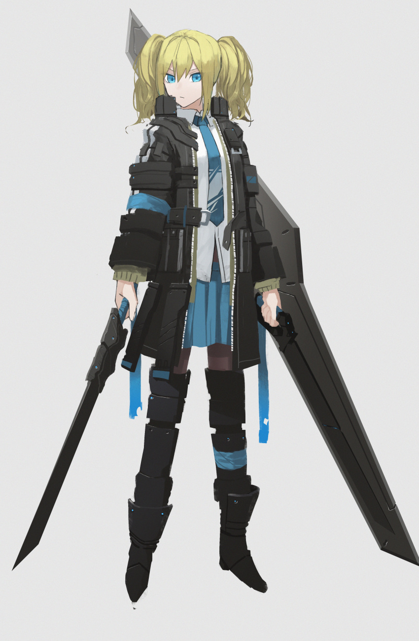 absurdres asteroid_ill blonde_hair blue_eyes cornea_(asteroid_ill) dual_wielding full_body hair_ribbon highres holding holding_sword holding_weapon huge_weapon jacket long_hair necktie neon_trim original ribbon shirt skirt standing sword twintails weapon weapon_request white_background white_shirt