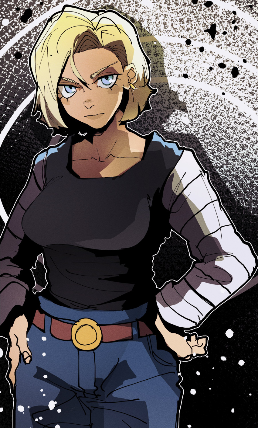1girl absurdres android_18 belt belt_buckle blonde_hair blue_eyes blush_stickers breasts buckle closed_mouth collarbone cowboy_shot denim dragon_ball dragon_ball_z drop_shadow earrings eyelashes film_grain fingernails forehead gold_earrings gradient_background hair_between_eyes hands_on_own_hips head_tilt highres isaacchief300 jeans jewelry large_breasts lips long_sleeves looking_at_viewer loose_hair_strand outline paint_splatter pants parted_hair shirt shirt_tucked_in short_hair solo sparkle standing striped_sleeves white_outline