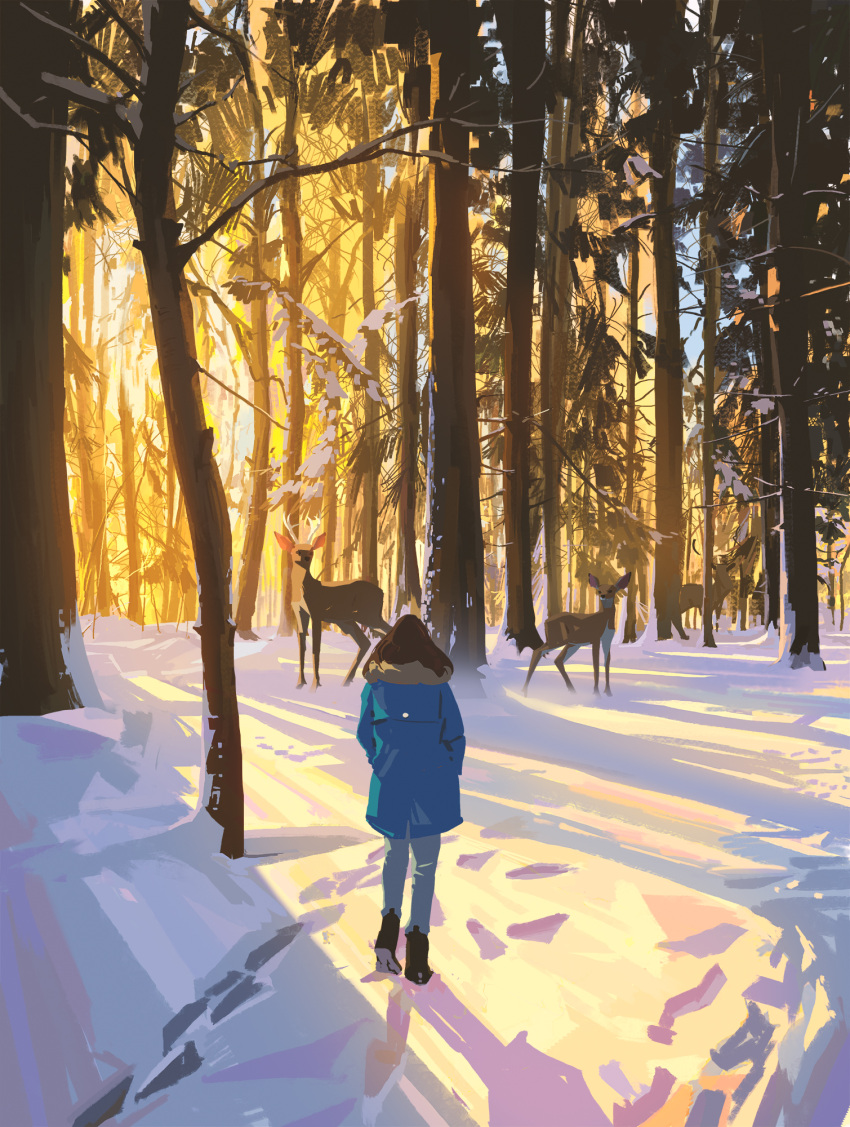 1girl blue_coat boots brown_footwear brown_hair coat commentary day deer english_commentary footprints forest fur-trimmed_coat fur_trim highres nature original outdoors pants shadow sky snatti snow standing tree winter