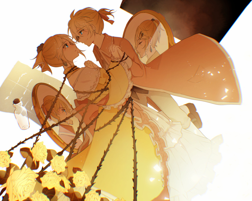 1boy 1girl aku_no_meshitsukai_(vocaloid) aku_no_musume_(vocaloid) aryuma772 blonde_hair blue_eyes bottle coat commentary countdown dress dutch_angle earrings evillious_nendaiki flower frilled_dress frills from_side highres holding_hands jewelry kagamine_len kagamine_rin looking_at_another medieval plant portrait_(object) rose short_hair short_ponytail smile spiky_hair thorns vines vocaloid white_background yellow_coat yellow_dress yellow_flower yellow_rose yellow_theme