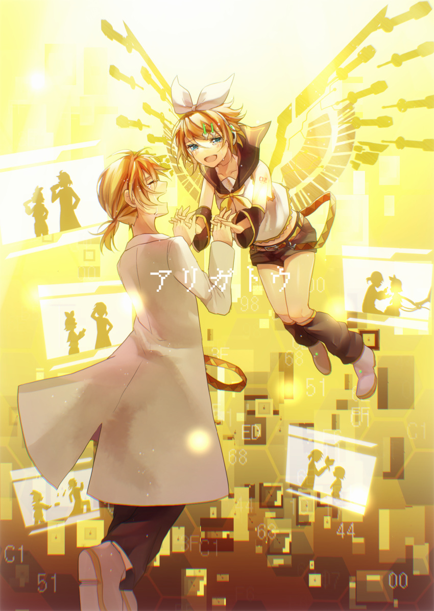 1boy 1girl arm_warmers aryuma772 bangs bare_shoulders belt black_collar black_pants black_shorts blonde_hair blue_eyes bow closed_eyes collar commentary crop_top crying crying_with_eyes_open flying hair_bow hair_ornament hairclip headphones highres holding_hands hologram holographic_monitor kagamine_len kagamine_rin labcoat leg_warmers neckerchief open_mouth pants sailor_collar school_uniform shirt short_hair short_ponytail short_shorts shorts shoulder_tattoo silhouette smile swept_bangs tattoo tears thank_you vocaloid white_bow white_shirt wings yellow_neckwear yellow_theme