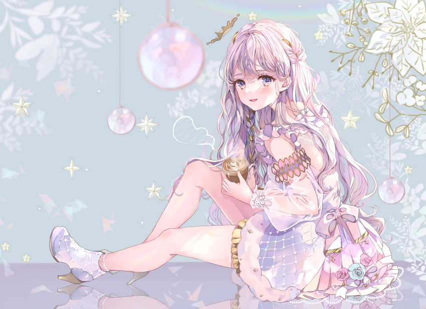1girl bangs beads blurry blush bow braid commentary_request cup detached_sleeves dress eyelashes flower frills full_body hair_behind_ear hair_ornament high_heels highres holding holding_cup long_hair looking_to_the_side open_mouth original puracotte reflection reflective_floor short_dress sitting smile solo steam