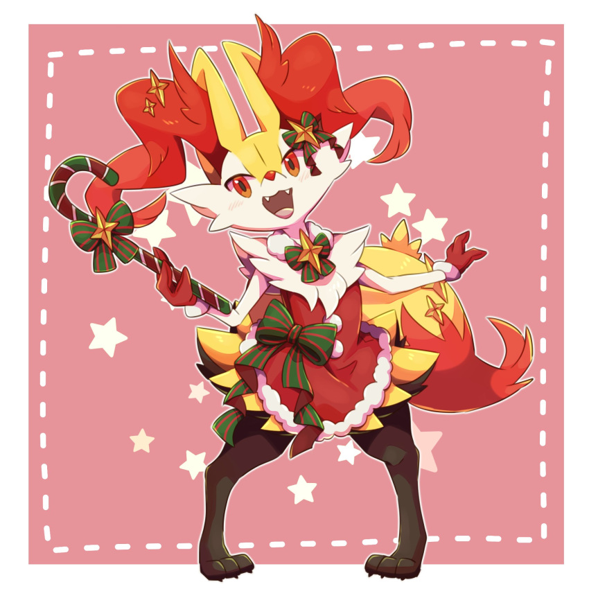 1girl :3 animal_ear_fluff animal_ears blush border bow bowtie braixen candy candy_cane christmas claws clothed_pokemon commentary dress fangs flat_chest food fox_ears fox_girl fox_tail full_body fur-trimmed_dress fur_collar fur_trim furry gen_6_pokemon gloves green_bow green_neckwear hair_bow hands_up happy highres holding jpeg_artifacts ktyon3 open_mouth outline outside_border paws pigeon-toed pink_background pokemon pokemon_(creature) pom_pom_(clothes) red_dress red_eyes red_gloves short_dress simple_background smile solo standing star_(symbol) striped striped_bow tail tongue white_border white_outline