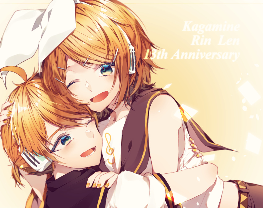1boy 1girl anniversary arms_around_back bangs bare_shoulders bass_clef belt black_collar blonde_hair blue_eyes bow character_name collar commentary crop_top fang hair_bow hair_ornament hairclip hand_on_another's_shoulder headphones highres hug kagamine_len kagamine_rin looking_at_another looking_at_viewer manya_sora nail_polish one_eye_closed open_mouth sailor_collar school_uniform shirt short_hair short_ponytail short_sleeves skin_fang sleeveless sleeveless_shirt smile swept_bangs treble_clef upper_body vocaloid white_bow white_shirt yellow_background yellow_nails