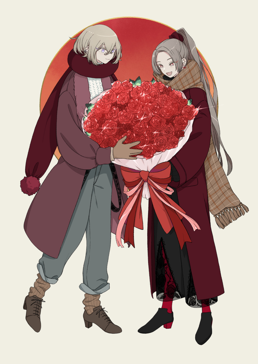 1boy 1girl absurdres black_footwear blue_menouu bouquet breasts brown_footwear circle coat earrings flower full_body gloves grey_hair hair_between_eyes highres jewelry leaf long_coat long_hair long_sleeves original pants ponytail red_coat red_flower red_legwear red_rose rose scarf short_hair smile sparkle standing