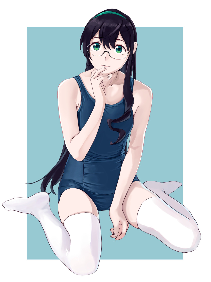 1girl absurdres bangs black_hair blue_swimsuit full_body glasses green_eyes green_hairband hair_between_eyes hairband highres kantai_collection long_hair ojipon one-piece_swimsuit ooyodo_(kantai_collection) simple_background sitting solo swimsuit thigh-highs two-tone_background white_legwear