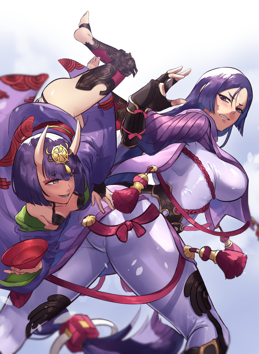 2girls absurdres arm_guards barefoot_sandals black_gloves bob_cut bodysuit breasts chan100577 cup fate/grand_order fate_(series) fingerless_gloves gloves headpiece highres horns japanese_clothes kimono large_breasts loincloth long_hair low-tied_long_hair makeup minamoto_no_raikou_(fate/grand_order) multiple_girls oni oni_horns open_clothes open_kimono purple_bodysuit purple_hair purple_kimono revealing_clothes ribbed_sleeves rope sakazuki short_eyebrows short_hair shuten_douji_(fate/grand_order) skin-covered_horns tabard very_long_hair violet_eyes