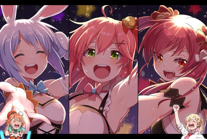 5girls :3 ahoge animal_ears aqua_hair arm_cuffs arm_up armpits bell beret blonde_hair blue_bow blush bow bowtie braid breasts cheering chef_hat closed_eyes collared_shirt commentary crying dress earrings feather_earrings feathers gear_hair_ornament gradient_hair green_eyes hair_bell hair_ornament hat heterochromia highres hololive hololive_english houshou_marine idol jewelry konboi-eg letterboxed light_blue_hair long_hair looking_at_viewer medium_breasts medium_hair mini_hat multicolored_hair multiple_girls necktie official_alternate_costume open_mouth orange_eyes orange_hair orange_vest outstretched_hand panels parody pink_bow pink_hair rabbit_ears raised_fist red_eyes red_headwear red_neckwear redhead sakura_miko shirt short_hair shouting side_ponytail sleeves_rolled_up smile sweat takanashi_kiara thick_eyebrows twin_braids twintails two-tone_hair usada_pekora vest virtual_youtuber watson_amelia white_dress white_hair white_headwear white_shirt wing_collar x_hair_ornament