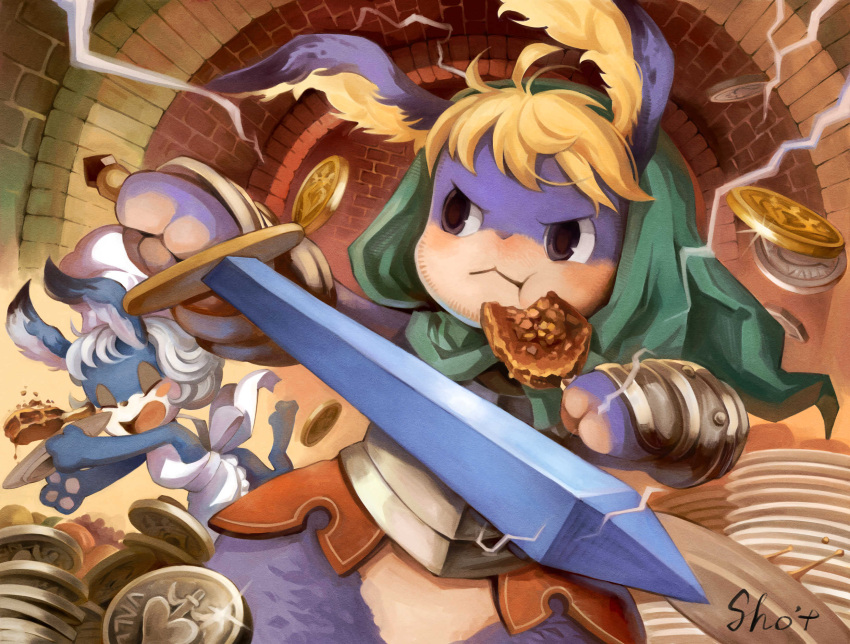 1boy 1girl animal_ear_fluff apron armor blonde_hair closed_eyes coin cornelius_(odin_sphere) eating food furry green_hood highres holding holding_food holding_sword holding_weapon hood odin_sphere plate pooka_(odin_sphere) rabbit sho.t signature sparkle sword weapon white_apron white_hair