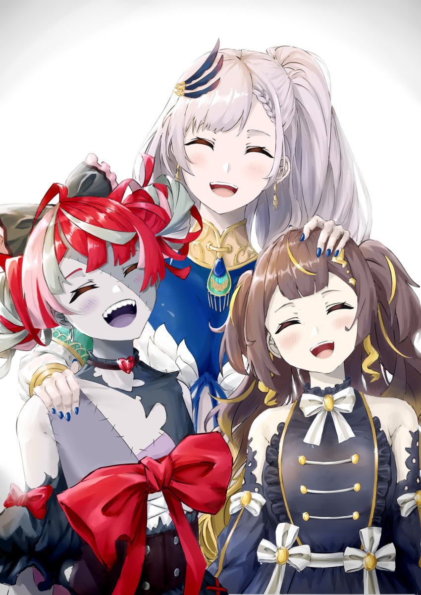 3girls ^_^ anya_melfissa bangs black_bow blonde_hair blush bow breasts brown_hair closed_eyes colored_skin fairxw feather_hair_ornament flat_chest gradient_hair grey_hair grey_skin hair_bow hand_on_another's_head highres hololive hololive_indonesia huge_bow kureiji_ollie large_breasts medium_breasts multicolored_hair multiple_girls open_mouth pavolia_reine pink_hair red_bow redhead side_ponytail silver_hair stitched_face stitches streaked_hair virtual_youtuber white_background zombie