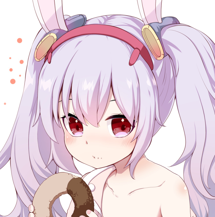 1girl :t animal_ears azur_lane bangs bare_shoulders blush closed_mouth collarbone commentary_request doughnut eyebrows_behind_hair food food_on_face grey_hair hair_between_eyes hairband hands_up highres holding holding_food jacket laffey_(azur_lane) long_hair nail_polish off_shoulder open_clothes open_jacket pink_jacket pink_nails rabbit_ears red_eyes red_hairband simple_background solo takara_akihito twintails upper_body white_background
