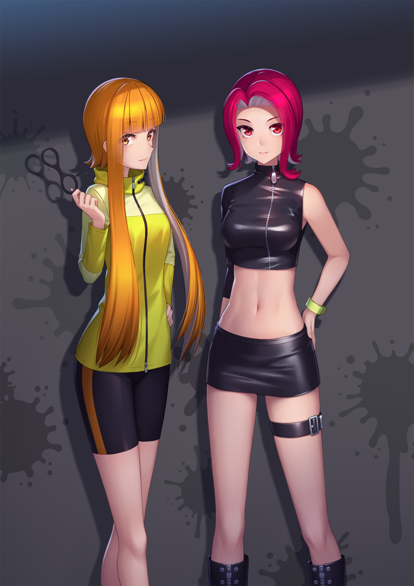 2girls asymmetrical_sleeves athrun1120 bangs bike_shorts black_footwear black_shorts black_skirt blonde_hair blunt_bangs boots breasts brown_eyes closed_mouth crop_top eyebrows_visible_through_hair grey_background hair_intakes hand_on_hip highres holding inkling jacket knee_boots looking_at_viewer medium_breasts miniskirt multicolored_hair multiple_girls octoling pencil_skirt red_eyes redhead short_hair short_hair_with_long_locks shorts sidelocks silver_hair single_sleeve skirt smile splatoon_(series) standing thigh_strap two-tone_hair yellow_jacket