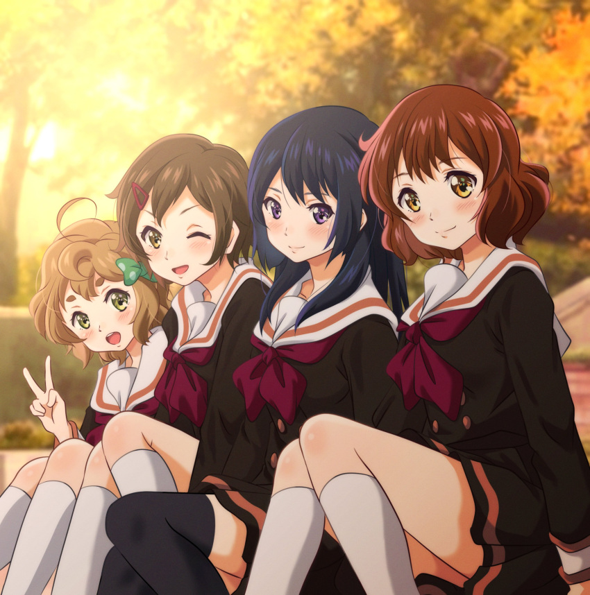 4girls ;d absurdres ahoge black_hair black_legwear black_shirt black_skirt blush bow brown_eyes brown_hair closed_mouth collarbone collared_shirt day green_bow green_eyes hair_bow hibike!_euphonium highres katou_hazuki kawashima_sapphire kitauji_high_school_uniform kneehighs kousaka_reina kurumiyasan_ns long_hair long_sleeves looking_at_viewer miniskirt multiple_girls neckerchief one_eye_closed open_mouth oumae_kumiko outdoors pleated_skirt polka_dot polka_dot_bow red_neckwear sailor_collar sailor_shirt school_uniform shiny shiny_hair shirt short_hair sitting skirt smile thigh-highs v violet_eyes white_legwear white_sailor_collar yellow_eyes zettai_ryouiki