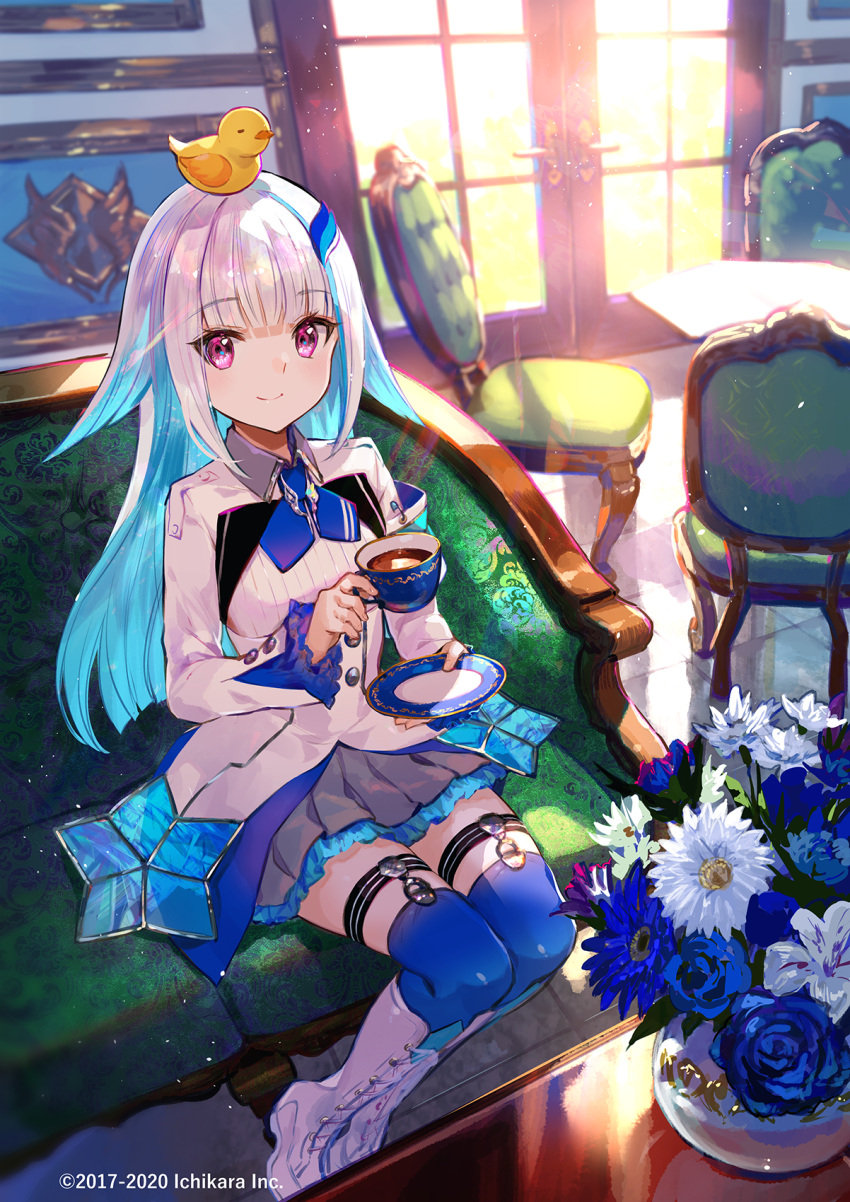 1girl aqua_hair blue_flower blue_legwear boots chair colored_inner_hair couch cup day flower fuzichoco grey_skirt hair_flaps hair_ornament highres holding indoors jacket knee_boots lize_helesta long_hair long_sleeves looking_at_viewer miniskirt multicolored_hair nijisanji official_art on_couch plant pleated_skirt potted_plant rubber_duck saucer sebastian_piyodore sitting skirt smile sunlight teacup thigh-highs thigh_strap two-tone_hair violet_eyes watermark white_flower white_footwear white_hair white_jacket window zettai_ryouiki