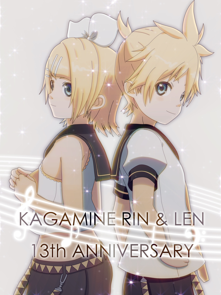 1boy 1girl anniversary back-to-back bangs bare_shoulders bass_guitar belt black_collar black_shorts blonde_hair blue_eyes bow collar commentary crop_top eighth_note from_side grey_background hair_bow hair_ornament hairclip highres hirobakar instrument kagamine_len kagamine_rin light_particles looking_at_viewer looking_to_the_side musical_note neckerchief necktie quarter_note sailor_collar school_uniform shirt short_hair short_ponytail short_sleeves shorts spiky_hair staff_(music) standing swept_bangs treble_clef vocaloid white_bow white_shirt yellow_neckwear