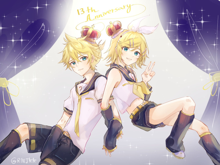 1boy 1girl anniversary arm_warmers bangs bare_shoulders bass_clef black_collar black_shorts blonde_hair blue_eyes bow collar commentary crop_top crown curtains grin hair_bow hair_ornament hairclip highres kagamine_len kagamine_rin leg_warmers locked_arms looking_at_viewer neckerchief necktie rinjkk sailor_collar school_uniform shirt short_hair short_ponytail short_shorts short_sleeves shorts sleeveless sleeveless_shirt smile sparkle spiky_hair swept_bangs treble_clef v vocaloid white_bow white_shirt yellow_neckwear