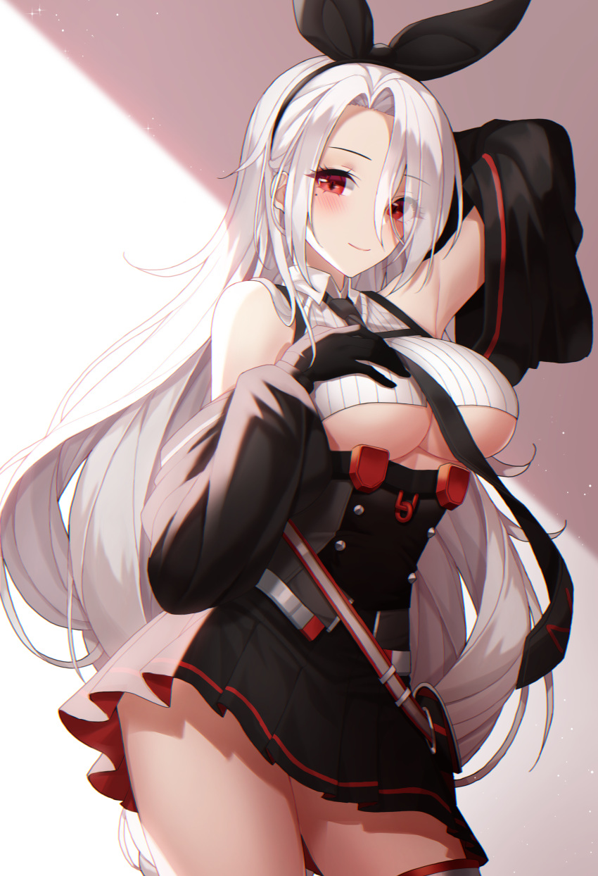 1girl absurdly_long_hair absurdres anchor_symbol arm_behind_head arm_up armpits azur_lane bangs bare_shoulders black_gloves black_hairband black_neckwear black_skirt black_sleeves blush braid breasts collared_shirt commentary cowboy_shot crop_top detached_sleeves eyebrows_visible_through_hair eyes_visible_through_hair gloves hair_over_one_eye hairband hand_on_own_chest high-waist_skirt highres large_breasts long_hair looking_at_viewer meoyo mole mole_under_eye necktie parted_bangs pleated_skirt prinz_heinrich_(azur_lane) red_eyes ribbed_shirt shirt sidelocks skirt smile solo standing under_boob very_long_hair