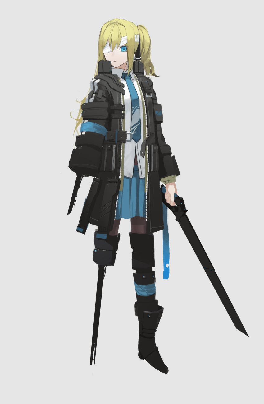absurdres amputee asteroid_ill blonde_hair blue_eyes cornea_(asteroid_ill) double_amputee full_body hair_ribbon highres holding holding_sword holding_weapon jacket long_hair missing_limb necktie one_side_up original ribbon shirt simple_background skirt standing sword weapon white_background white_shirt
