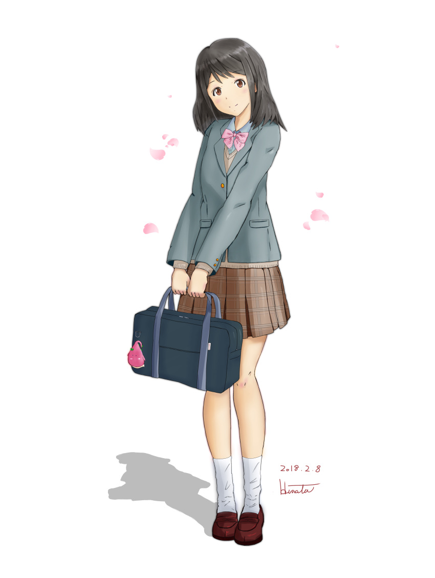 1girl absurdres artist_name bag bag_charm black_hair blush bookbag bow brown_eyes brown_footwear brown_skirt charm_(object) dated full_body grey_blazer highres hinata2325 long_sleeves looking_at_viewer medium_hair mizuno_akane pink_bow plaid plaid_skirt school_uniform shadow simple_background skirt smile socks standing sweater tsuki_ga_kirei white_background white_legwear