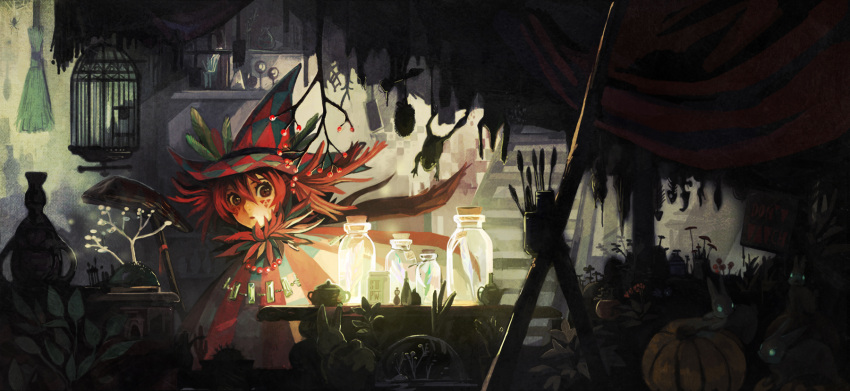 1girl bottle broom brown_eyes bug cage glowing hair_between_eyes hat highres jewelry leaf long_hair mame_usagi necklace original redhead solo spider upper_body witch_hat
