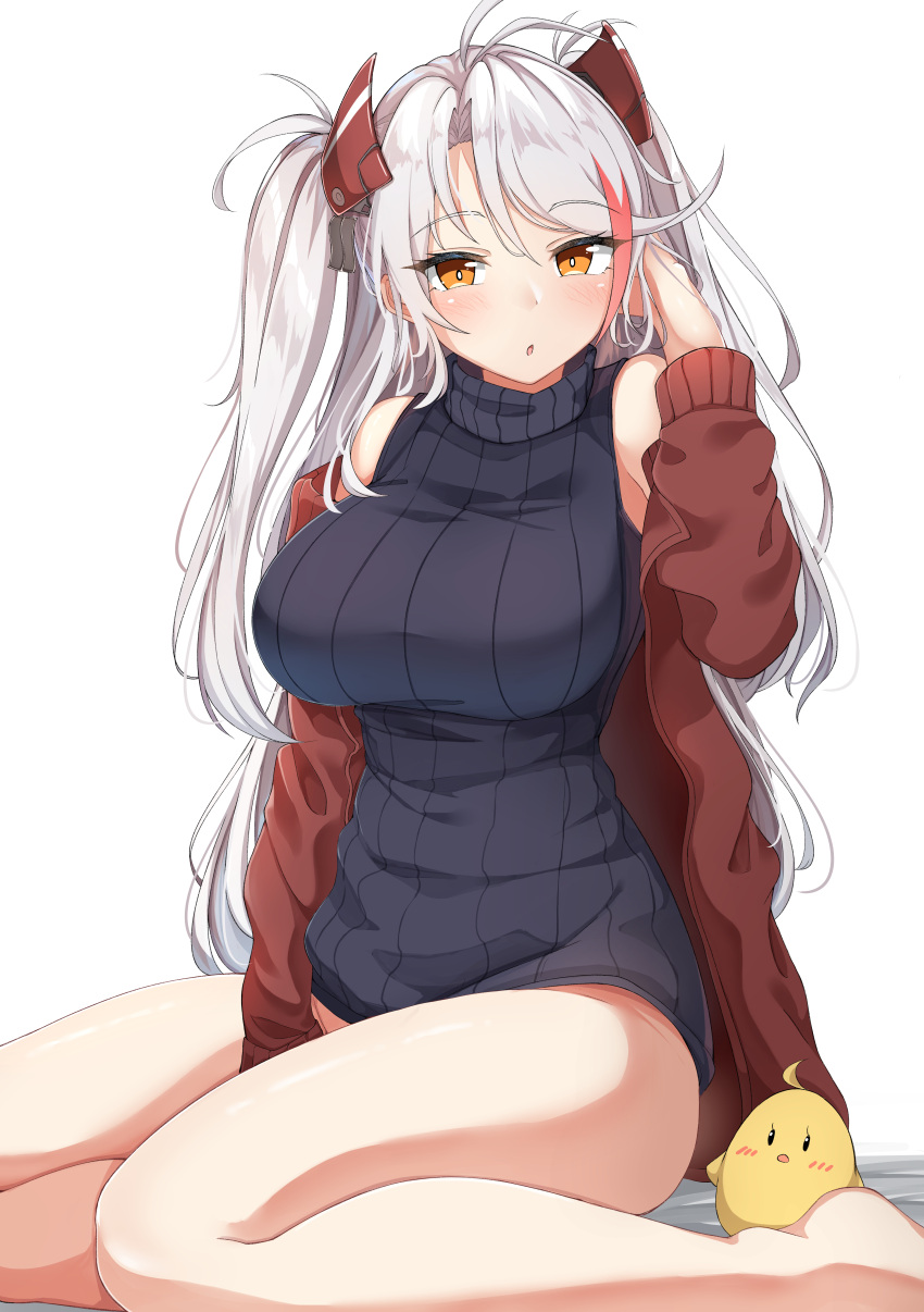 1girl :o absurdres azur_lane bangs black_sweater blush breasts brown_eyes brown_jacket eyebrows_visible_through_hair hair_between_eyes hand_up headgear highres jacket large_breasts long_hair long_sleeves looking_at_viewer moyoron multicolored_hair off_shoulder open_clothes open_jacket parted_bangs parted_lips prinz_eugen_(azur_lane) redhead simple_background sitting sleeveless sleeveless_sweater sleeveless_turtleneck solo streaked_hair sweater turtleneck turtleneck_sweater two_side_up very_long_hair white_background white_hair