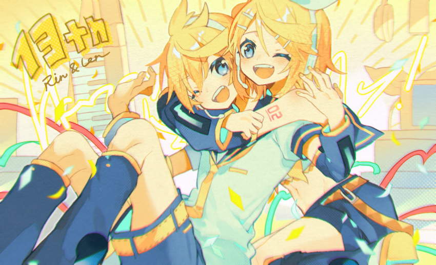 1boy 1girl anniversary arm_warmers arms_around_neck bangs bare_shoulders belt black_collar black_shorts blonde_hair blue_eyes bow box character_name collar commentary confetti crop_top gift gift_box hair_bow hair_ornament hairclip headphones headset highres hug hug_from_behind instrument kagamine_len kagamine_rin keytar leg_warmers looking_at_another midriff miwasiba nail_polish navel neckerchief necktie one_eye_closed open_mouth sailor_collar school_uniform shirt short_hair short_ponytail short_shorts short_sleeves shorts sitting smile spiky_hair streamers swept_bangs vocaloid white_bow white_shirt yellow_nails yellow_neckwear