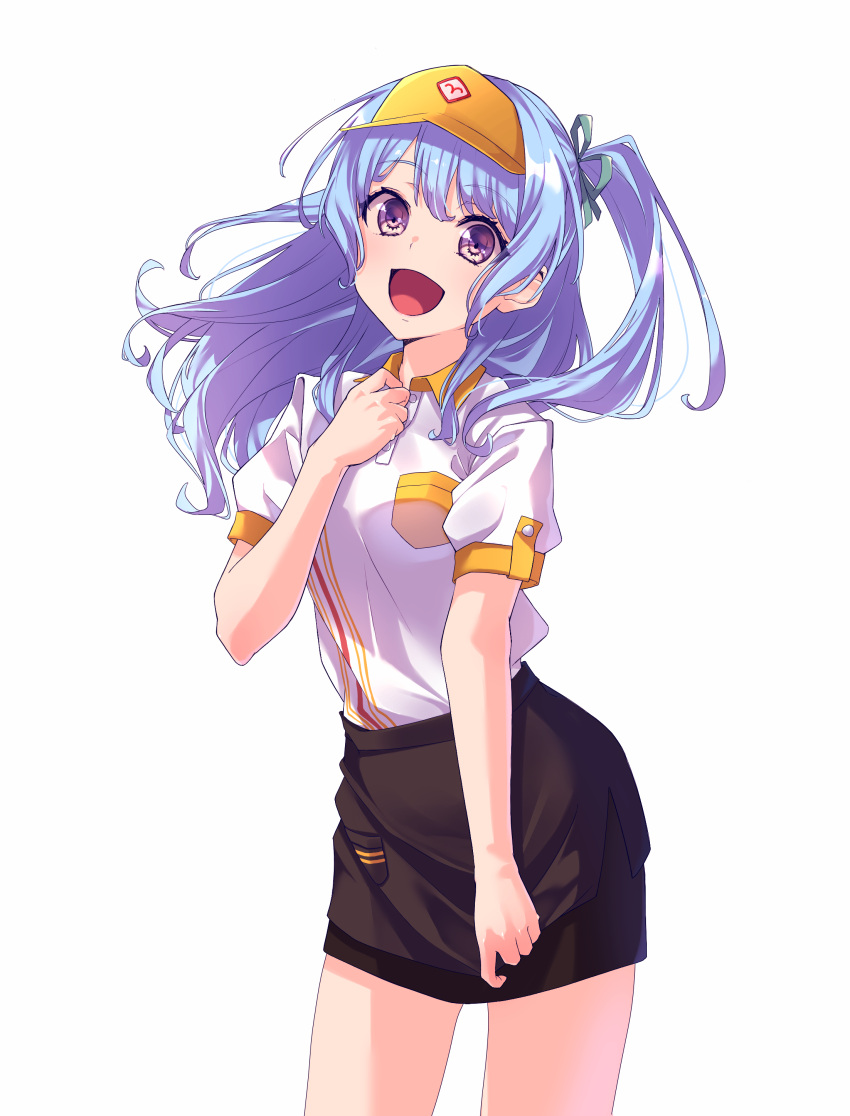1girl :d absurdres bang_dream! bangs black_skirt blue_hair check_commentary collared_shirt commentary_request cowboy_shot employee_uniform eyebrows_visible_through_hair fast_food_uniform green_ribbon hand_on_own_chest highres long_hair looking_at_viewer matsubara_kanon one_side_up open_mouth persimmon2 ribbon shirt short_sleeves sidelocks simple_background skirt skirt_tug smile solo standing uniform violet_eyes visor_cap white_background white_shirt wing_collar