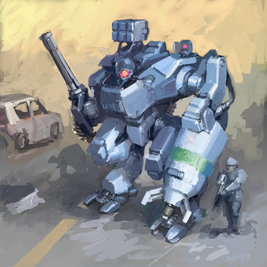 1boy arm_cannon artist_name car claws english_commentary ground_vehicle gun highres holding holding_gun holding_weapon looking_to_the_side mecha mike_doscher military missile_pod motor_vehicle one-eyed original science_fiction weapon
