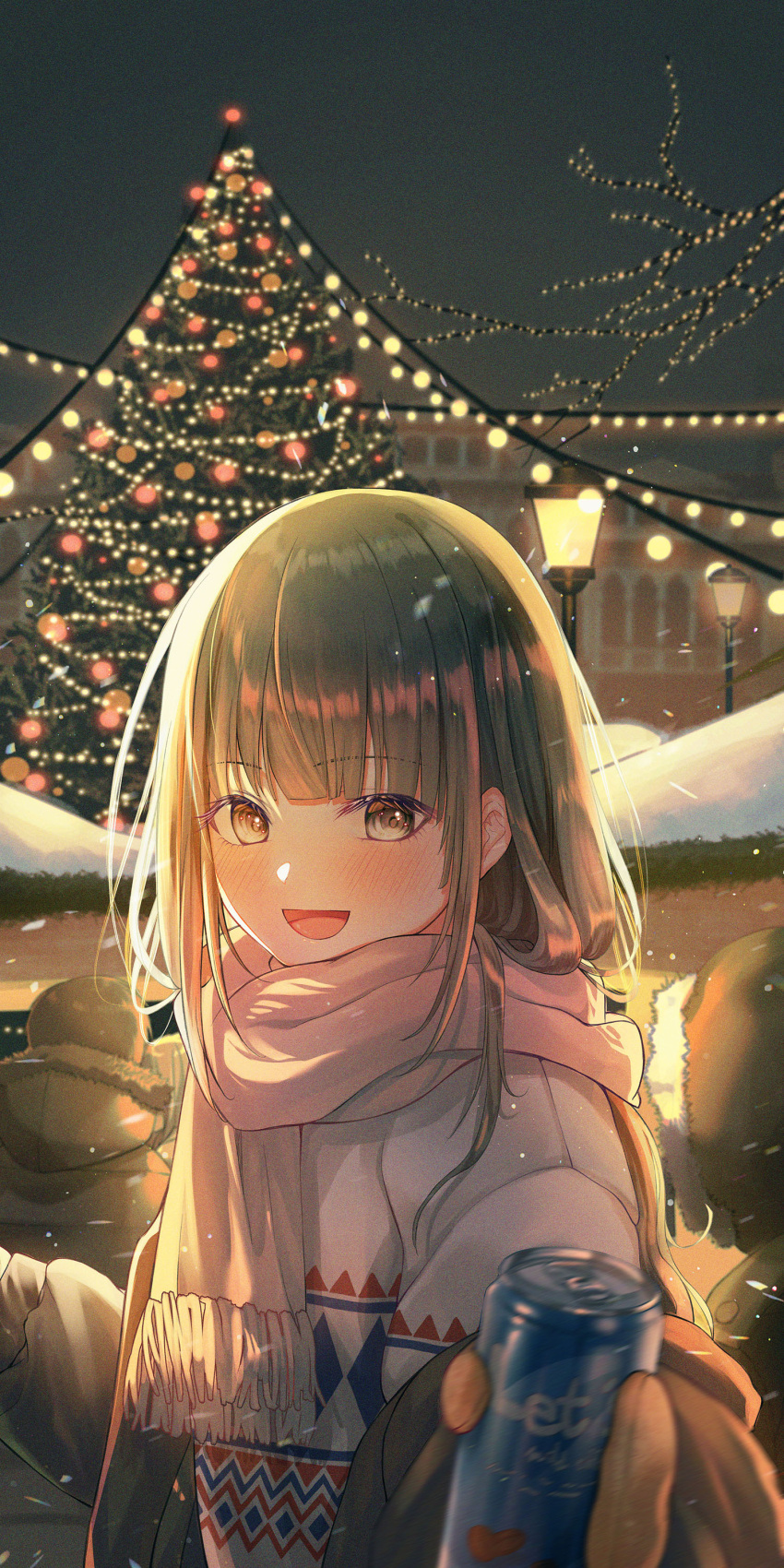 1girl 2others :d absurdres bangs blunt_bangs blush brown_coat brown_eyes brown_hair brown_mittens building can christmas_tree coat commentary_request eyebrows_visible_through_hair fur_trim highres holding holding_can hood hood_up incoming_food lamppost liso looking_at_viewer multiple_others night night_sky offering open_mouth original pink_scarf scarf sky smile solo sweater upper_body white_sweater
