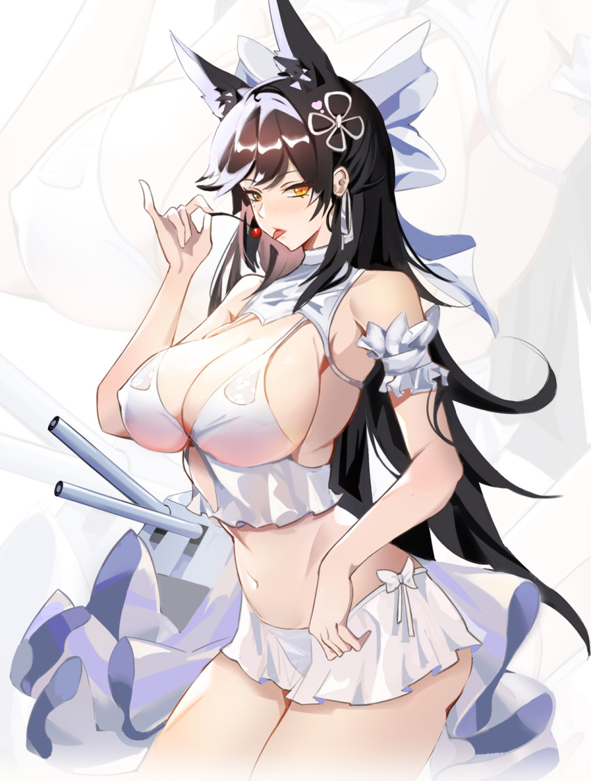 1girl arm_scrunchie atago_(azur_lane) atago_(midsummer_march)_(azur_lane) azur_lane bare_shoulders bikini black_hair bow breasts covered_nipples hair_behind_ear hair_ornament highres kuroha_(rockluo213) large_breasts long_hair looking_at_viewer midriff navel revision see-through_skirt skirt solo swimsuit tongue tongue_out turret white_bikini white_bow yellow_eyes