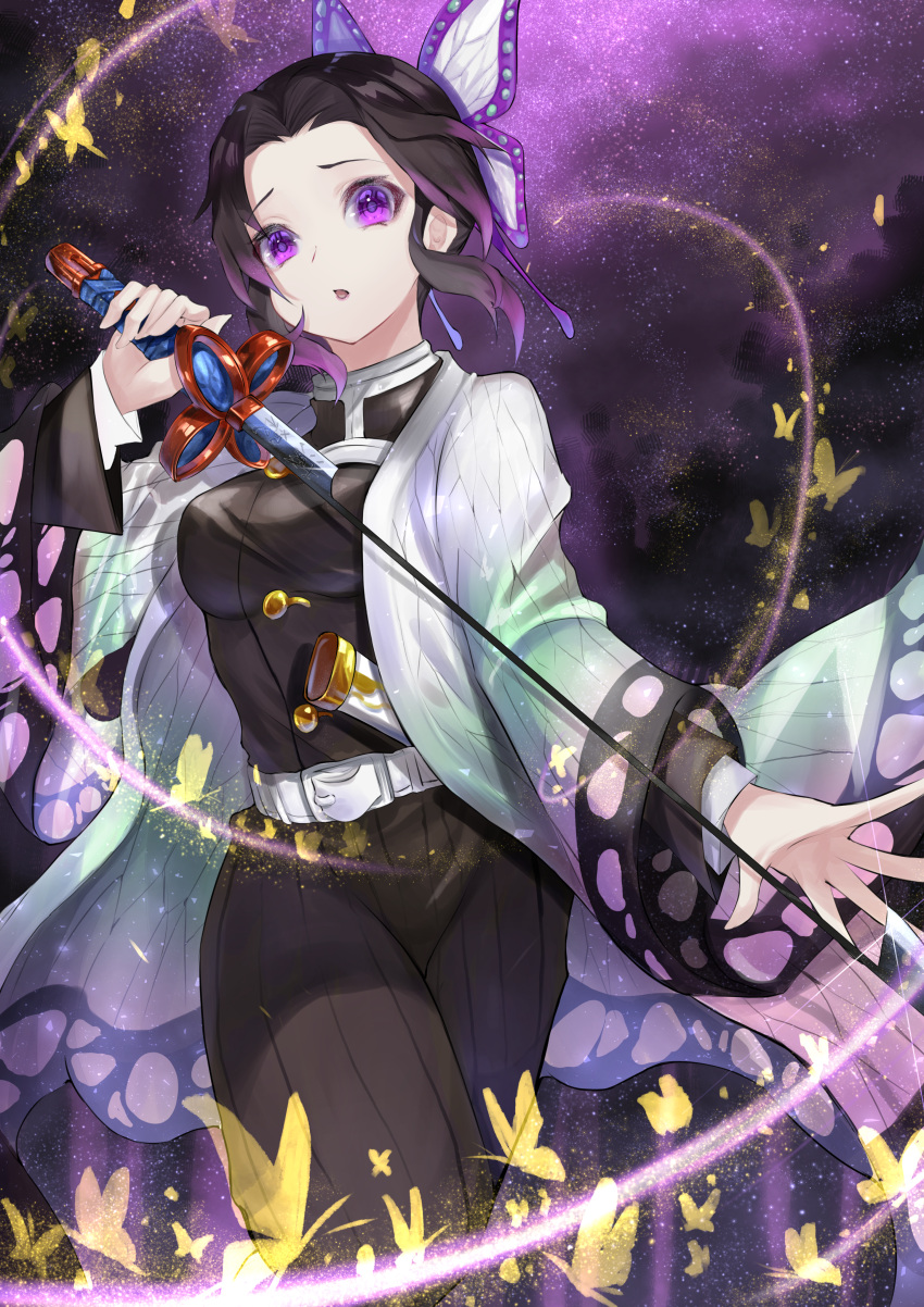 1girl absurdres belt belt_buckle black_hair black_jacket black_pants breasts buckle bug butterfly butterfly_hair_ornament gradient_hair hair_intakes hair_ornament haori highres holding holding_sword holding_weapon huge_filesize insect jacket japanese_clothes kimetsu_no_yaiba kochou_shinobu long_sleeves looking_at_viewer medium_breasts military military_uniform multicolored_hair night open_mouth outdoors pants purple_hair r_(ryo) sheath short_hair sky solo standing star_(sky) starry_sky sword uniform unsheathed violet_eyes weapon white_belt