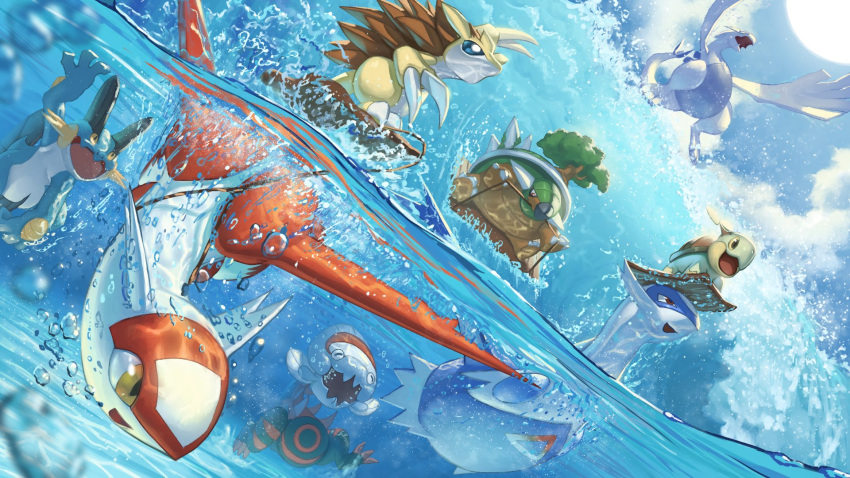 blue_eyes bubble claws clouds day dracovish gen_1_pokemon gen_2_pokemon gen_3_pokemon gen_4_pokemon gen_8_pokemon highres latias latios legendary_pokemon lugia mixed-language_commentary no_humans on_head open_mouth partially_underwater_shot pokemon pokemon_(creature) pokemon_on_head sandslash sky smile spareribs surfing swampert tongue torterra turtwig water waves yellow_eyes