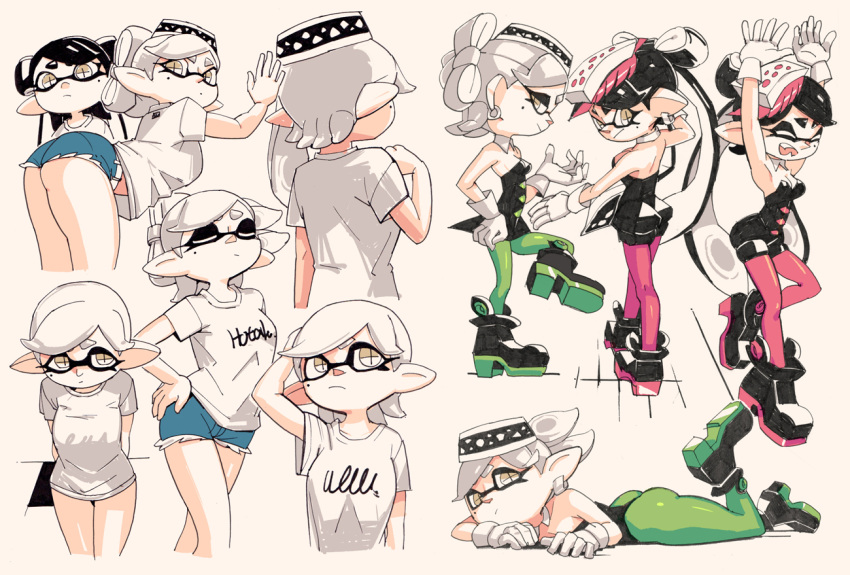 +_+ 2girls bare_shoulders black_dress black_footwear black_hair black_jumpsuit blue_shorts callie_(splatoon) closed_eyes cousins detached_collar domino_mask dress earrings food food_on_head green_legwear jewelry marie_(splatoon) mask mole mole_under_eye multiple_girls multiple_views object_on_head pantyhose pink_legwear pointy_ears print_shirt shirt shoes short_jumpsuit short_shorts short_sleeves shorts splatoon_(series) suction_cups tentacle_hair upshirt white_hair white_shirt yellow_eyes yuta_agc