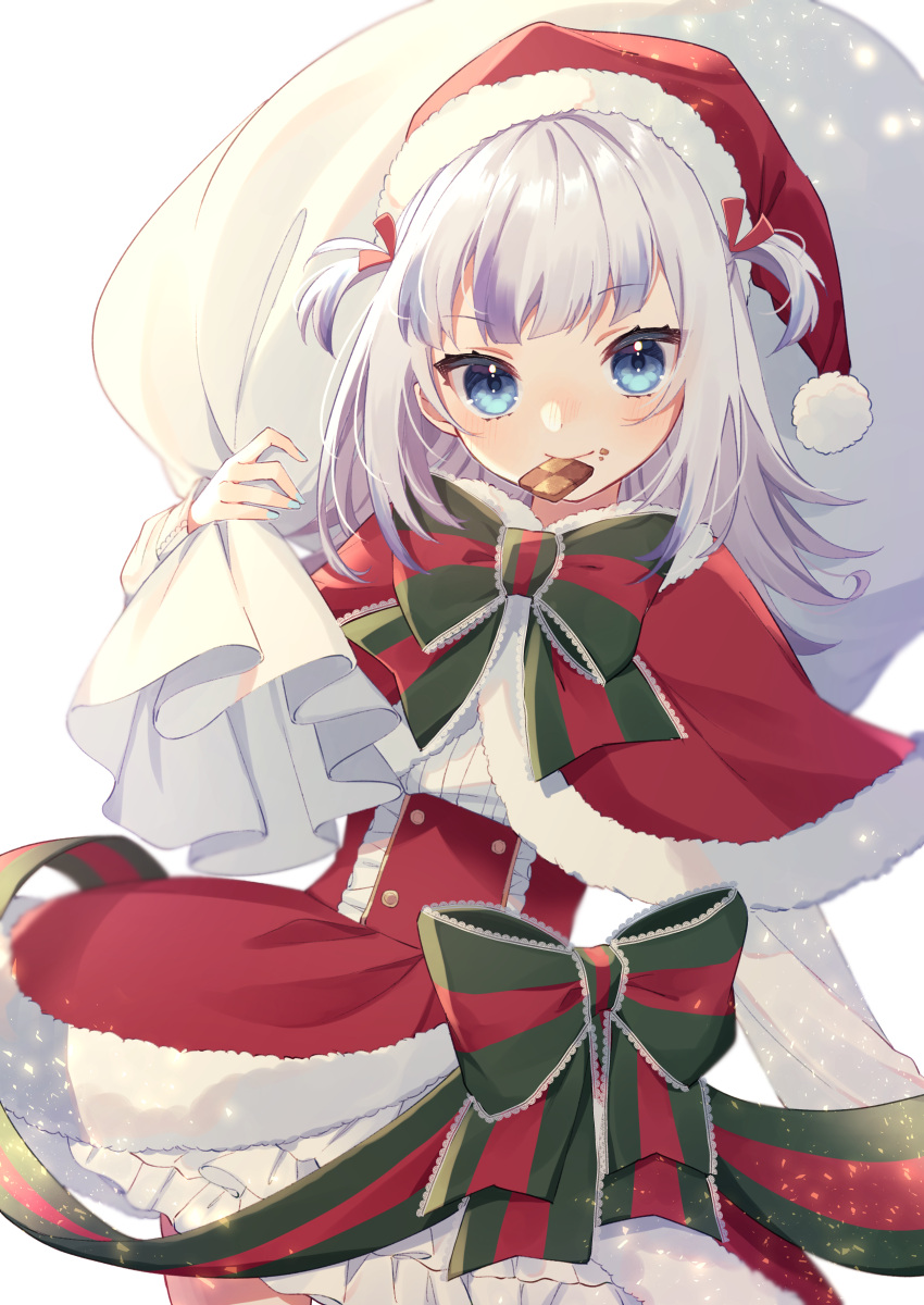 1girl absurdres bangs blue_eyes blue_hair blue_nails blush bow capelet checkerboard_cookie christmas commentary cookie eyebrows_visible_through_hair food food_in_mouth food_on_face fur-trimmed_capelet fur-trimmed_headwear fur-trimmed_skirt fur_trim gawr_gura green_bow hair_ribbon hand_up hat highres hinakano_h holding holding_sack hololive hololive_english long_hair long_sleeves looking_at_viewer mouth_hold multicolored_hair nail_polish puffy_long_sleeves puffy_sleeves red_capelet red_headwear red_ribbon red_skirt ribbon sack santa_costume santa_hat shirt silver_hair skirt solo streaked_hair striped striped_bow symbol_commentary two_side_up virtual_youtuber white_shirt
