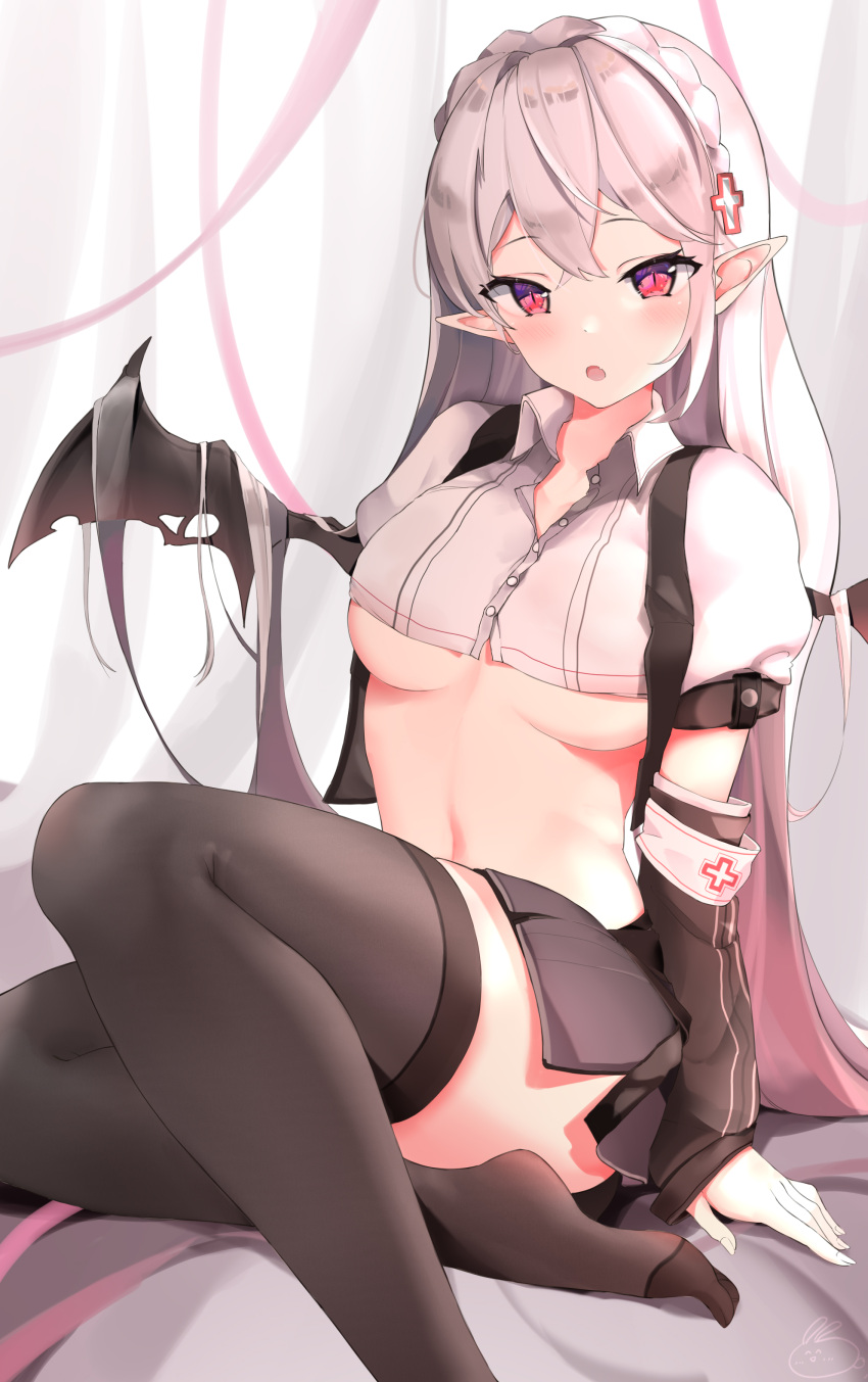 1girl :o absurdres arknights armband bangs black_legwear black_skirt black_wings blush braid breasts commentary_request crop_top crown_braid demon_girl demon_wings detached_sleeves gradient_hair highres long_hair long_sleeves looking_at_viewer medium_breasts miniskirt multicolored_hair navel no_shoes open_mouth pink_hair pointy_ears red_eyes short_sleeves signature silver_hair sitting skirt sleeves_past_wrists solo thigh-highs under_boob usagi_poi very_long_hair warfarin_(arknights) wing_collar wings