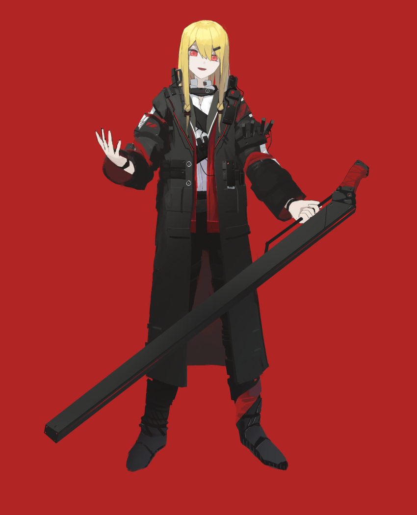 1girl 4000xl_linear_accellerator_gun absurdres asteroid_ill black_legwear blonde_hair bracelet coat full_body hair_ornament hairpin highres holding holding_weapon iris_(asteroid_ill) jewelry long_hair long_sleeves looking_at_viewer neon_trim open_hand open_mouth original red_background red_eyes shirt smile solo standing weapon white_shirt