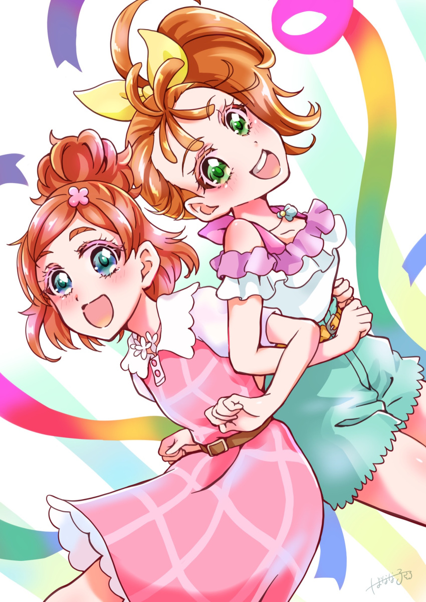 2girls :d aqua_shorts back-to-back bare_legs belt blush bow collarbone colored_eyelashes commentary cowboy_shot creator_connection dress eyebrows eyebrows_visible_through_hair flower from_side go!_princess_precure green_eyes hair_bow hair_bun hair_flower hair_ornament hair_strand happy haruno_haruka highres locked_arms long_hair looking_at_viewer looking_to_the_side multiple_girls namesake natsuumi_manatsu open_mouth orange_hair pink_dress precure round_teeth shell_necklace short_hair shorts side_ponytail signature smile sonna877san teeth tropical-rouge!_precure upper_teeth yellow_bow