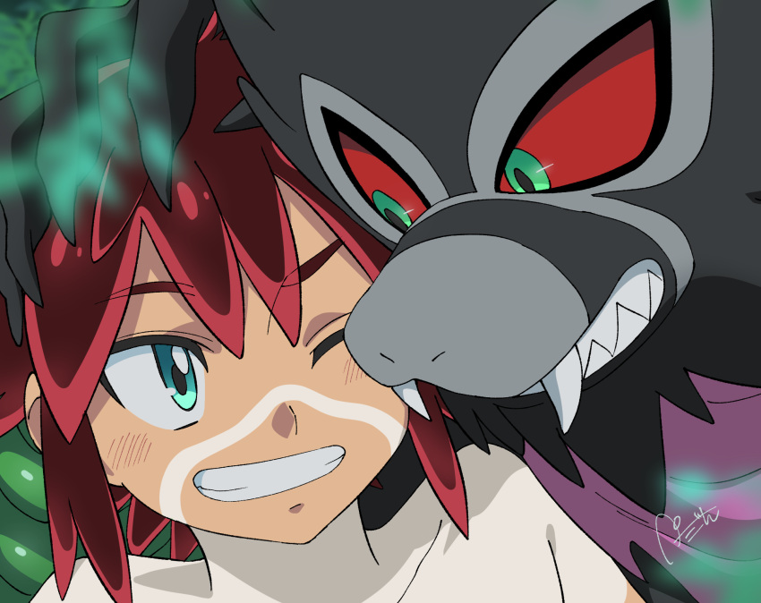 1boy bangs bodypaint clenched_teeth commentary_request eyebrows_visible_through_hair gen_8_pokemon green_eyes highres koko_(pokemon) male_focus mythical_pokemon one_eye_closed petagon pokemon pokemon_(anime) pokemon_(creature) pokemon_m23 red_eyes red_sclera shirtless signature smile teeth zarude