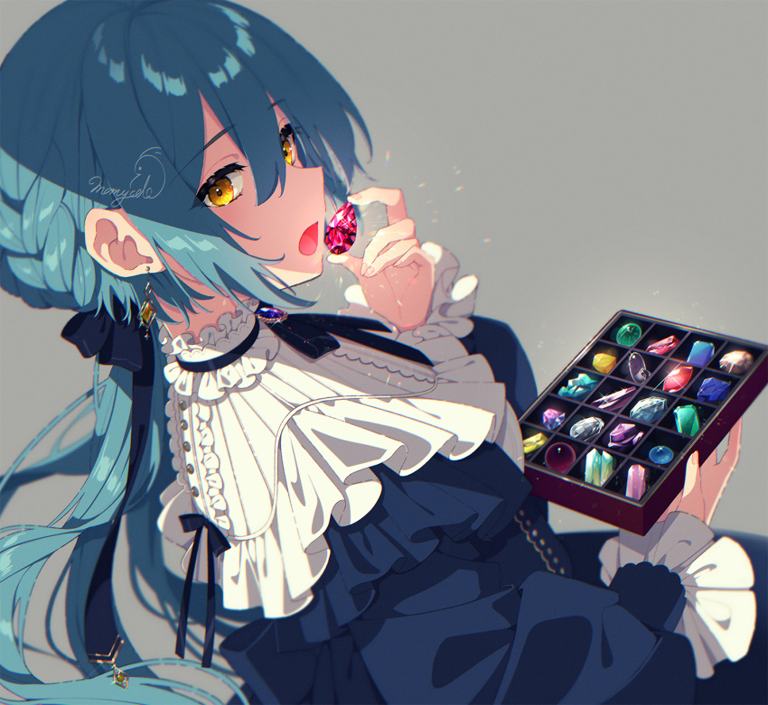 1girl bangs blue_hair box braid breasts commentary_request dress earrings eyebrows_visible_through_hair frills gem hair_ribbon highres holding holding_box jewelry long_hair long_sleeves looking_at_viewer mamyouda open_mouth original ribbon ruby_(gemstone) sapphire_(gemstone) shiny simple_background solo yellow_eyes
