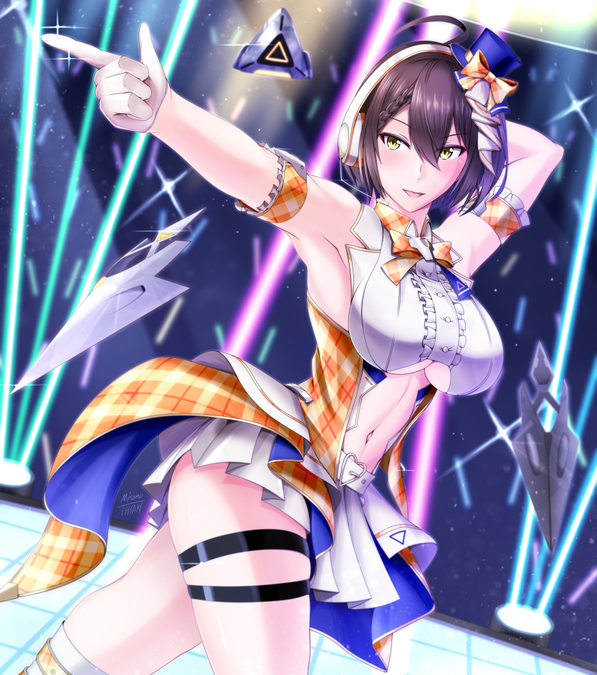 1girl :d ahoge arm_behind_head arm_strap armpits azur_lane baltimore_(azur_lane) baltimore_(muse)_(azur_lane) bangs bare_shoulders blush boots bow braid breasts brown_hair center_frills center_opening clothing_cutout collared_shirt commentary_request cowboy_shot crop_top dutch_angle eyebrows_visible_through_hair floating floating_object french_braid frills gloves glowstick hair_between_eyes hat headset heart_buckle highres idol large_breasts looking_to_the_side mini_hat misono_chiaki navel navel_cutout official_alternate_costume open_mouth orange_bow outstretched_arm pleated_skirt pointing shirt short_hair sidelocks signature skindentation skirt sleeveless sleeveless_shirt smile solo sparkle stage stage_lights standing thigh-highs thigh_boots thigh_strap tongue twisted_torso under_boob underboob_cutout white_footwear white_gloves white_shirt white_skirt yellow_eyes