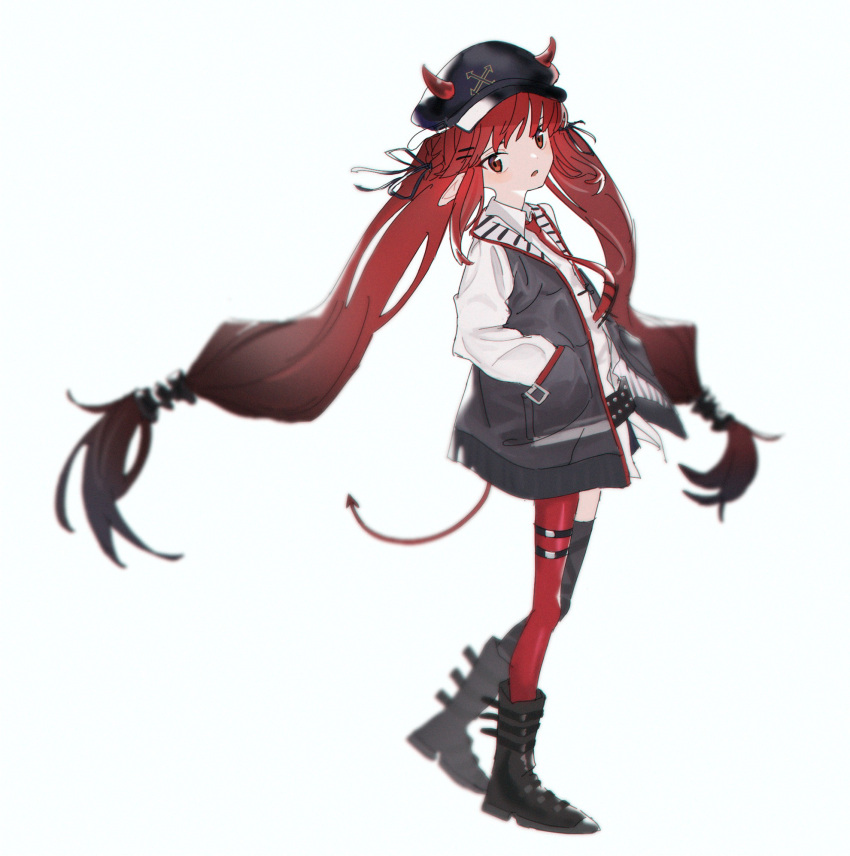 1girl arknights belt black_belt black_footwear black_headwear black_jacket black_legwear blurry boots braid cabbie_hat collared_shirt demon_horns demon_tail depth_of_field dobudouhu dress_shirt expressionless from_side hair_ornament hair_ribbon hairclip hand_in_pocket hat highres horns jacket long_hair looking_at_viewer low-tied_long_hair mismatched_legwear necktie open_clothes open_jacket open_mouth pointy_ears red_eyes red_legwear red_neckwear ribbon shirt simple_background solo studded_belt tail thigh-highs twintails two-tone_jacket very_long_hair vigna_(arknights) white_background white_jacket white_shirt wing_collar