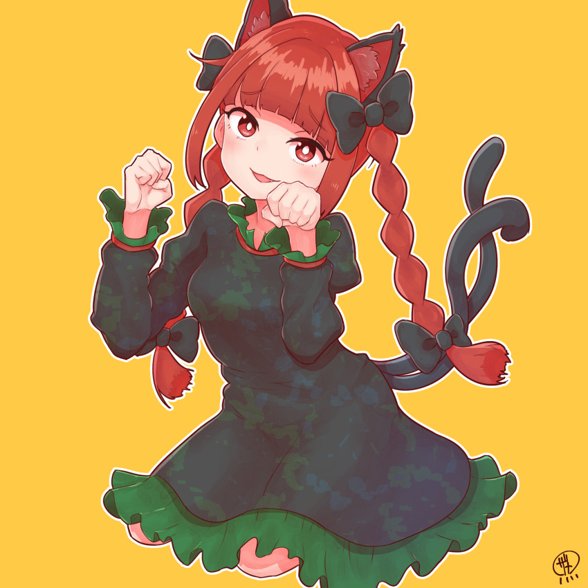 1girl :3 animal_ear_fluff animal_ears bangs black_bow black_dress blunt_bangs blush bow braid bright_pupils cat_ears cat_tail dress eyebrows_visible_through_hair fang hair_bow head_tilt highres juliet_sleeves kaenbyou_rin kneeling long_hair long_sleeves looking_at_viewer multiple_tails nekomata orange_background outline parted_lips paw_pose puffy_sleeves red_eyes redhead sidelocks signature simple_background solo tail touhou twin_braids twintails two_tails white_outline white_pupils zanasta0810