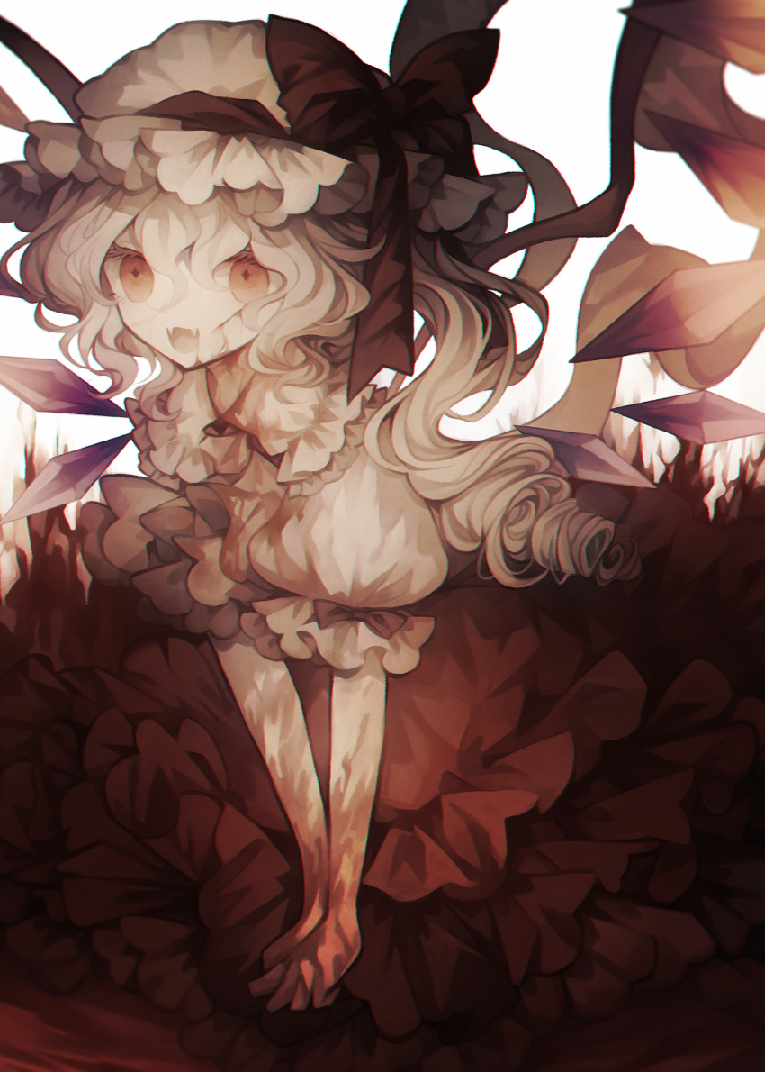 1girl blonde_hair blood blood_on_face bloody_hands bow commentary crystal diamond-shaped_pupils diamond_(shape) dress fangs flandre_scarlet frilled_dress frills hat highres long_hair mob_cap open_mouth puffy_short_sleeves puffy_sleeves ringlets sepia short_sleeves side_ponytail smile solo symbol-shaped_pupils touhou white_background white_headwear wings wiriam07