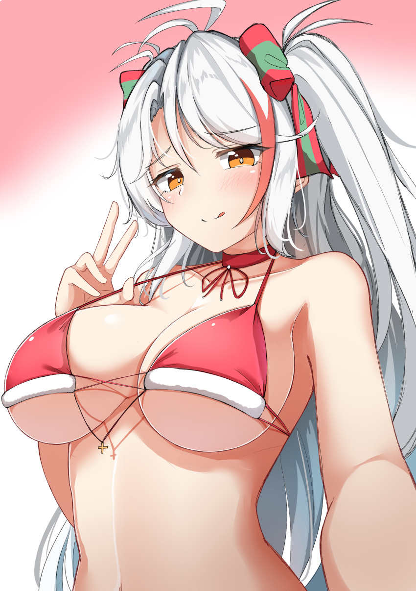 1girl :q absurdres azur_lane breasts calligraphy_brush_(medium) choker eyebrows_visible_through_hair highres large_breasts long_hair looking_at_viewer moyoron multicolored_hair orange_hair pen prinz_eugen_(azur_lane) red_choker redhead self_shot silver_hair solo strap_gap streaked_hair tongue tongue_out twintails two-tone_hair upper_body v